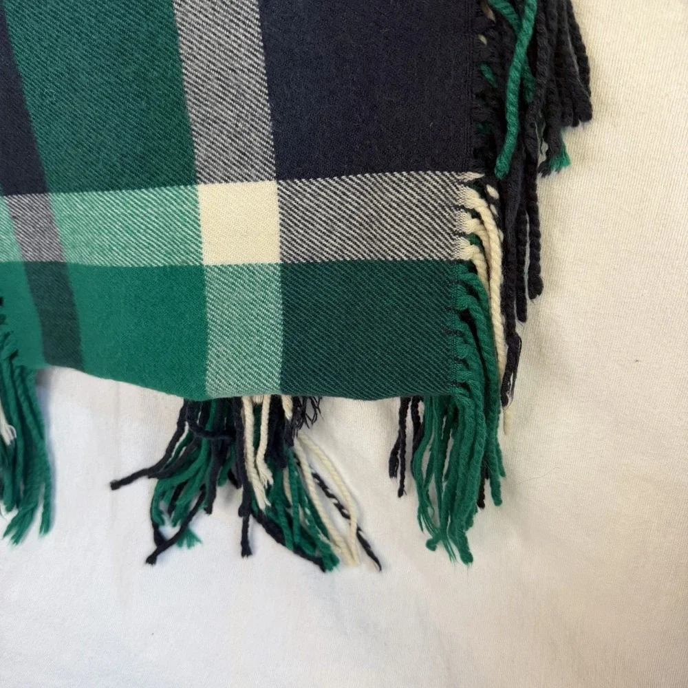 Plaid Green Navy Blue Cream Fringe Scarf Soft Cozy Tartan Flannel 12.5